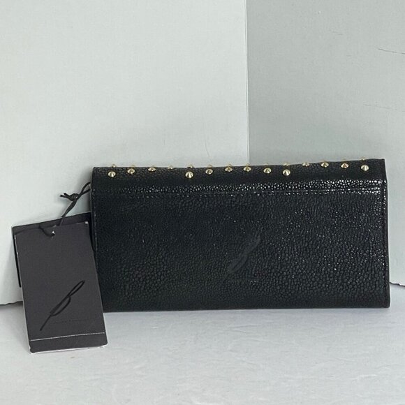 Brian Atwood Clutch Chain Wallet Small Black Leather Crossbody Gold Studded